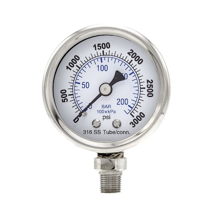 Pic Gauges 2 in Dial, 1/8 in NPT Male Lower Location, Stainless Steel Case Material PRO-301D-208P-01